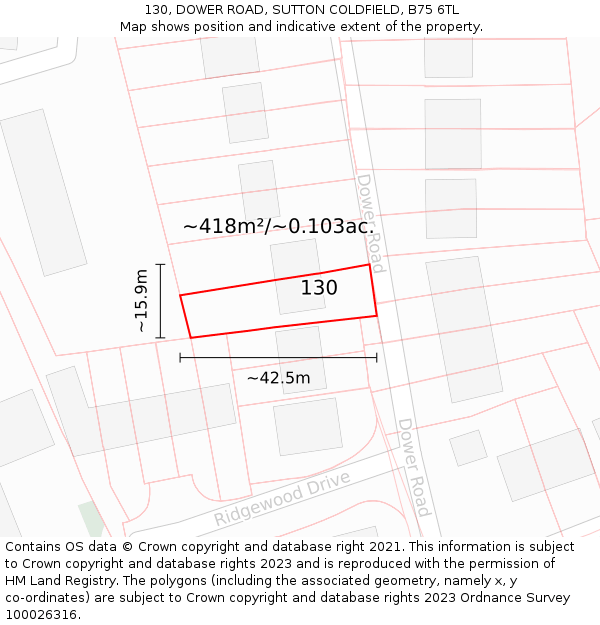 130, DOWER ROAD, SUTTON COLDFIELD, B75 6TL: Plot and title map