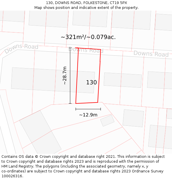 130, DOWNS ROAD, FOLKESTONE, CT19 5PX: Plot and title map