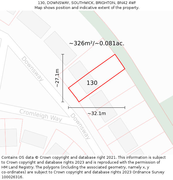 130, DOWNSWAY, SOUTHWICK, BRIGHTON, BN42 4WF: Plot and title map