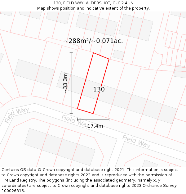130, FIELD WAY, ALDERSHOT, GU12 4UN: Plot and title map