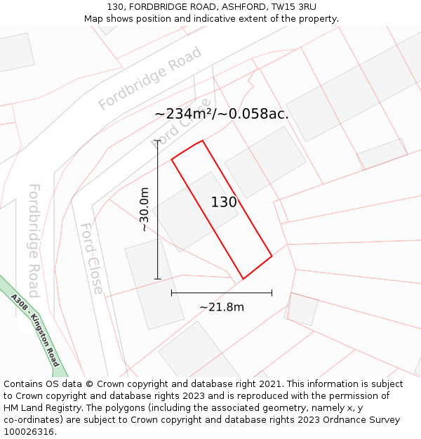 130, FORDBRIDGE ROAD, ASHFORD, TW15 3RU: Plot and title map