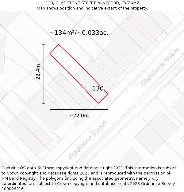 130, GLADSTONE STREET, WINSFORD, CW7 4AZ: Plot and title map