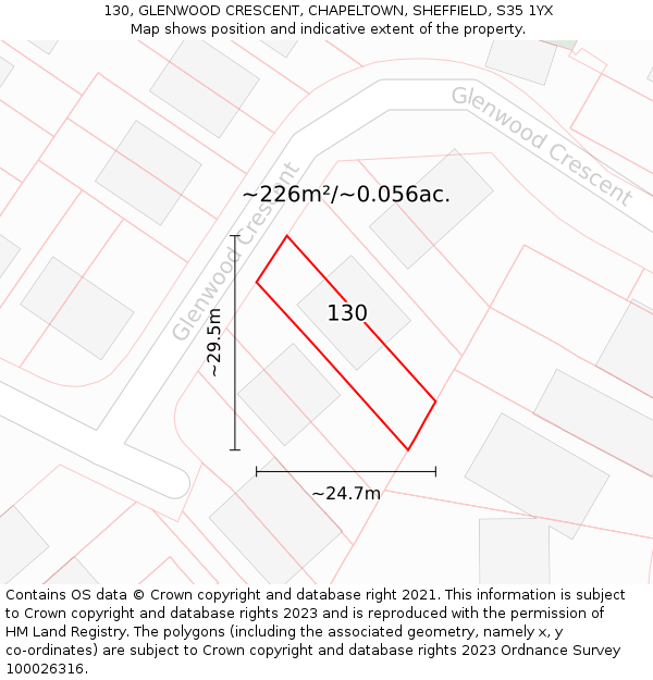 130, GLENWOOD CRESCENT, CHAPELTOWN, SHEFFIELD, S35 1YX: Plot and title map
