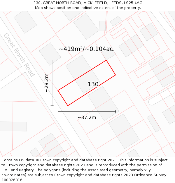 130, GREAT NORTH ROAD, MICKLEFIELD, LEEDS, LS25 4AG: Plot and title map