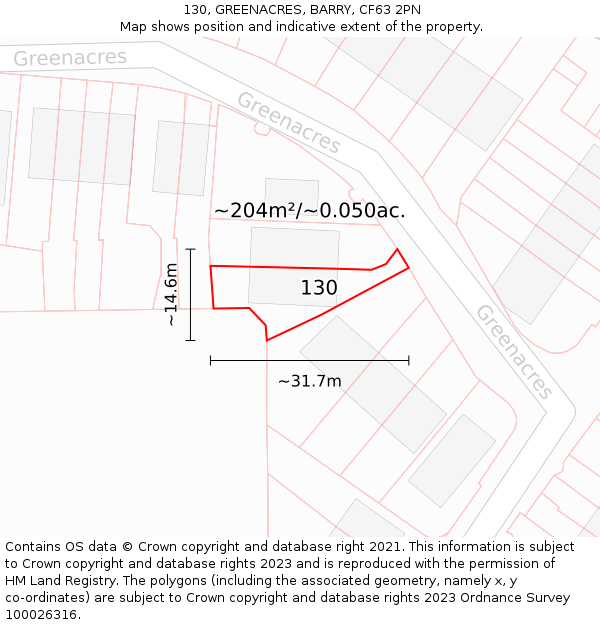 130, GREENACRES, BARRY, CF63 2PN: Plot and title map