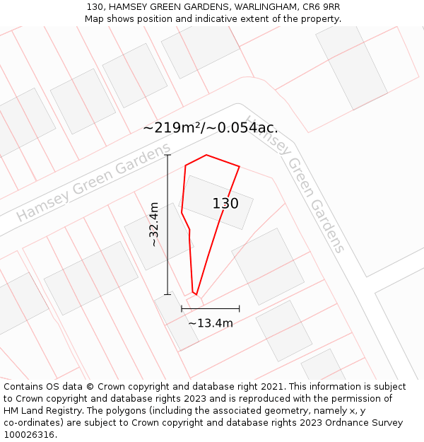 130, HAMSEY GREEN GARDENS, WARLINGHAM, CR6 9RR: Plot and title map