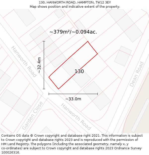 130, HANWORTH ROAD, HAMPTON, TW12 3EY: Plot and title map
