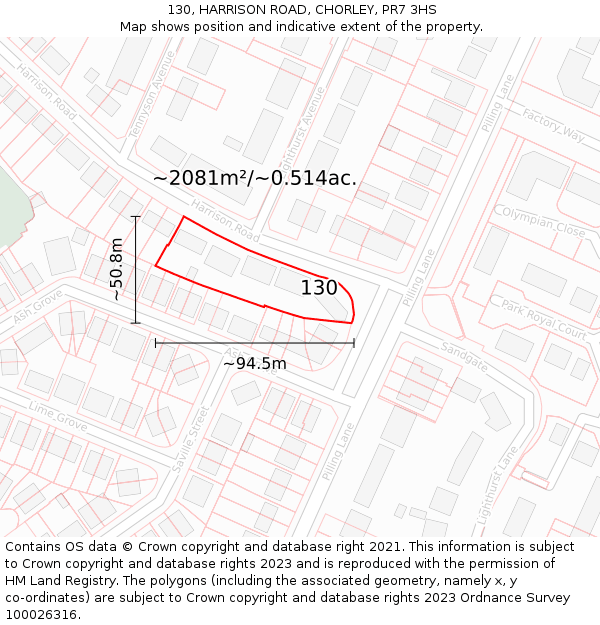 130, HARRISON ROAD, CHORLEY, PR7 3HS: Plot and title map