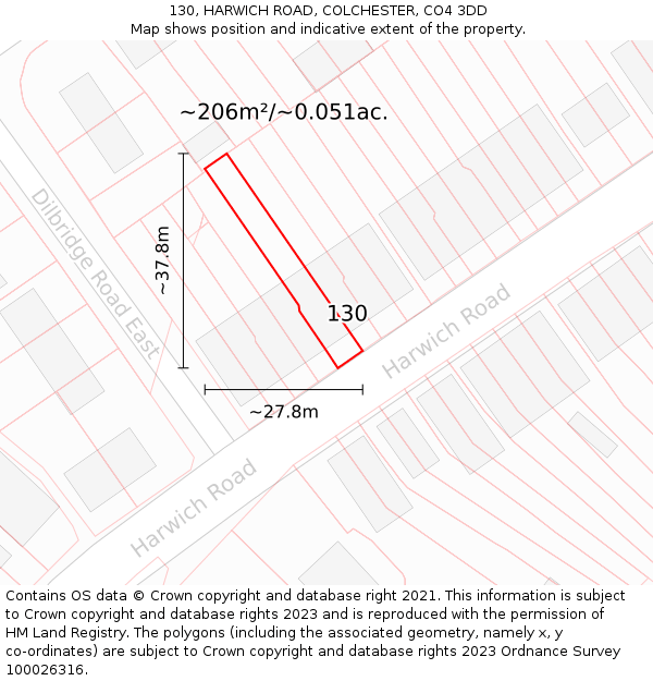 130, HARWICH ROAD, COLCHESTER, CO4 3DD: Plot and title map