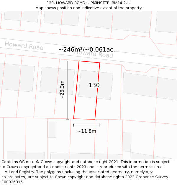 130, HOWARD ROAD, UPMINSTER, RM14 2UU: Plot and title map