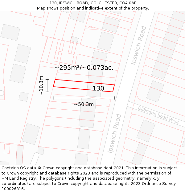 130, IPSWICH ROAD, COLCHESTER, CO4 0AE: Plot and title map