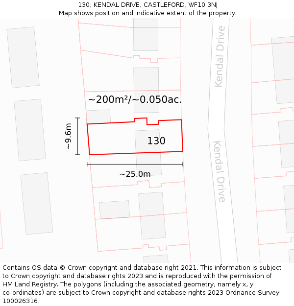 130, KENDAL DRIVE, CASTLEFORD, WF10 3NJ: Plot and title map