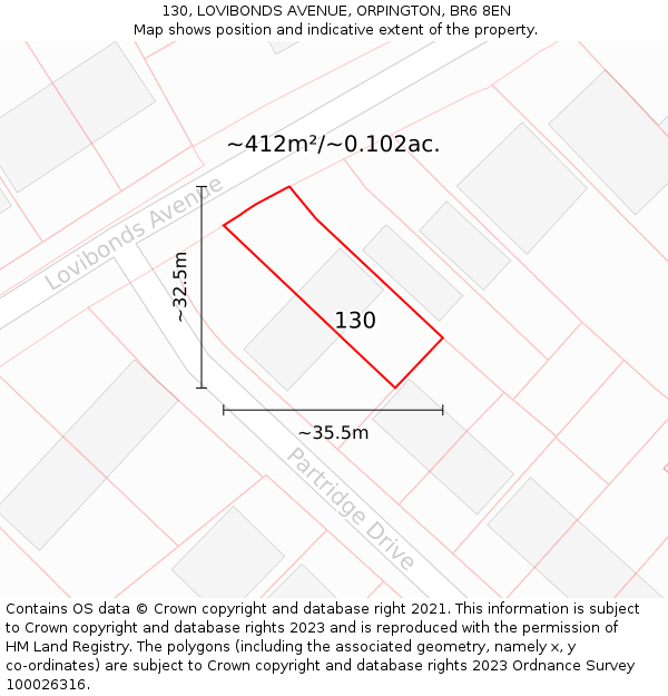 130, LOVIBONDS AVENUE, ORPINGTON, BR6 8EN: Plot and title map