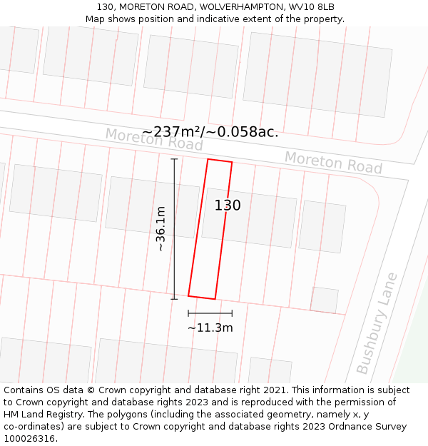 130, MORETON ROAD, WOLVERHAMPTON, WV10 8LB: Plot and title map