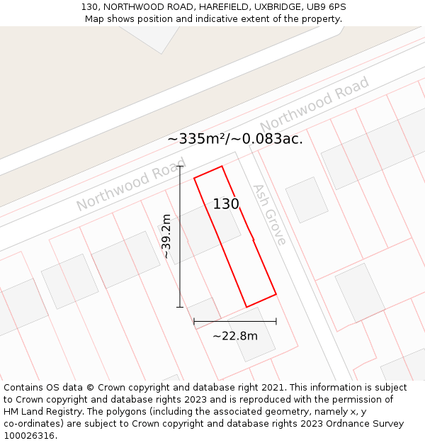 130, NORTHWOOD ROAD, HAREFIELD, UXBRIDGE, UB9 6PS: Plot and title map