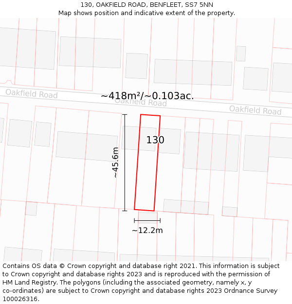 130, OAKFIELD ROAD, BENFLEET, SS7 5NN: Plot and title map