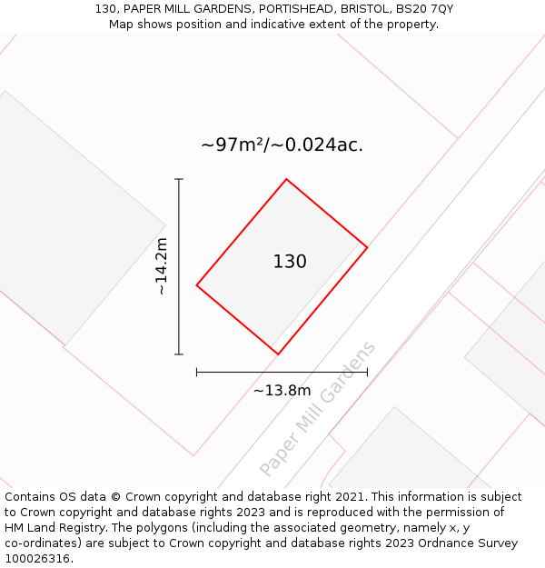 130, PAPER MILL GARDENS, PORTISHEAD, BRISTOL, BS20 7QY: Plot and title map