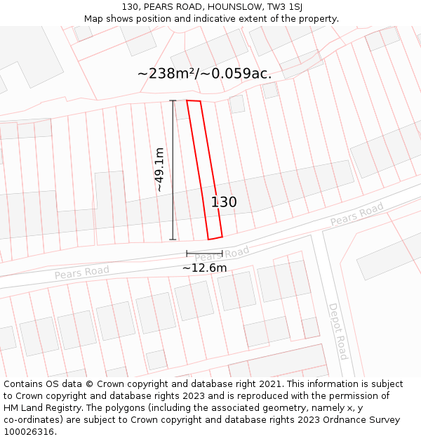 130, PEARS ROAD, HOUNSLOW, TW3 1SJ: Plot and title map