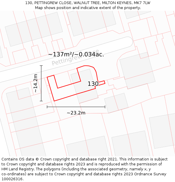 130, PETTINGREW CLOSE, WALNUT TREE, MILTON KEYNES, MK7 7LW: Plot and title map