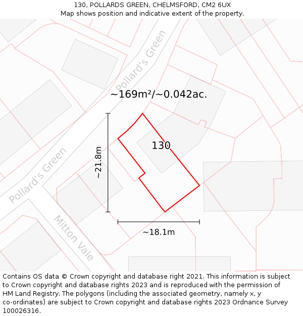 130, POLLARDS GREEN, CHELMSFORD, CM2 6UX: Plot and title map