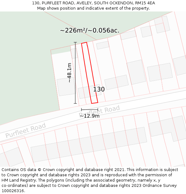 130, PURFLEET ROAD, AVELEY, SOUTH OCKENDON, RM15 4EA: Plot and title map