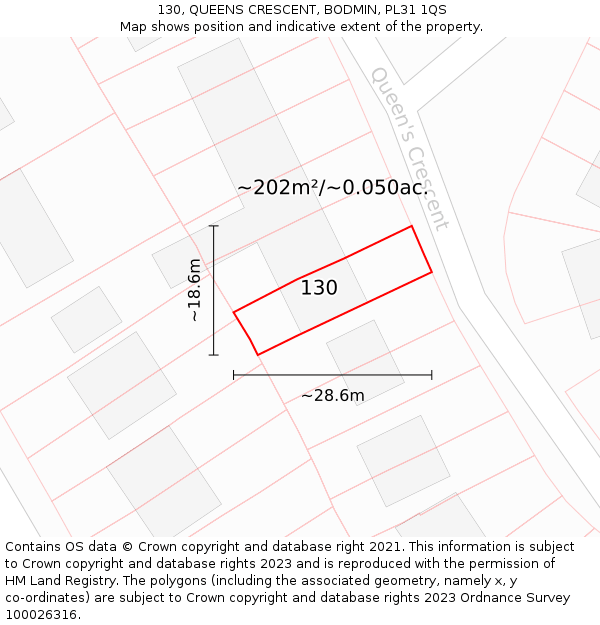 130, QUEENS CRESCENT, BODMIN, PL31 1QS: Plot and title map