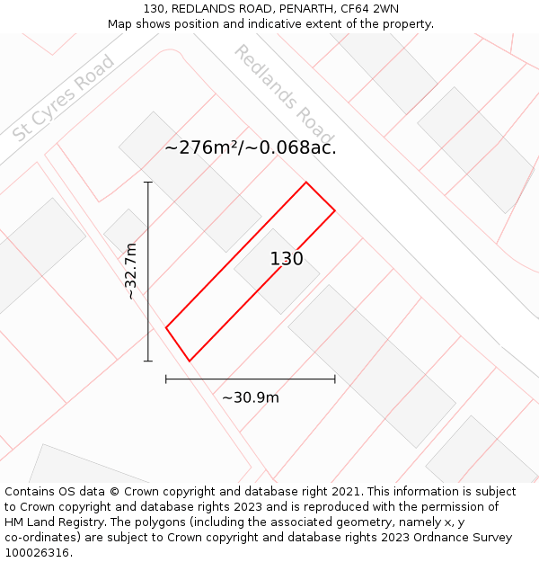 130, REDLANDS ROAD, PENARTH, CF64 2WN: Plot and title map