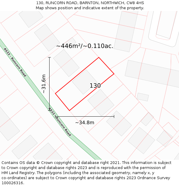 130, RUNCORN ROAD, BARNTON, NORTHWICH, CW8 4HS: Plot and title map