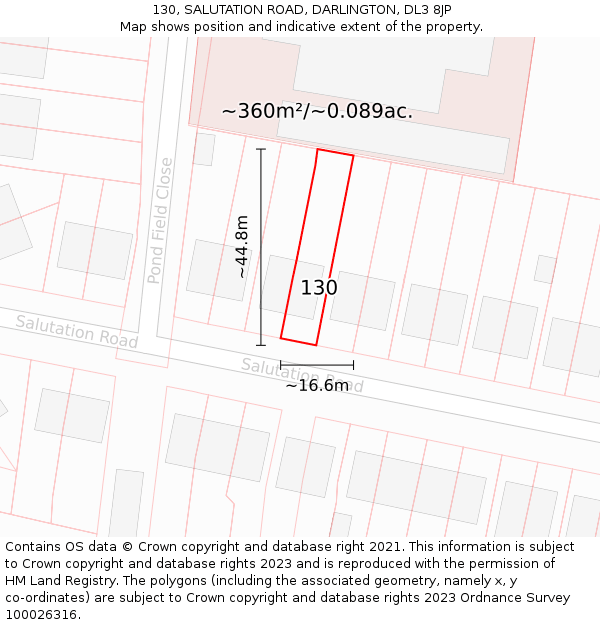 130, SALUTATION ROAD, DARLINGTON, DL3 8JP: Plot and title map