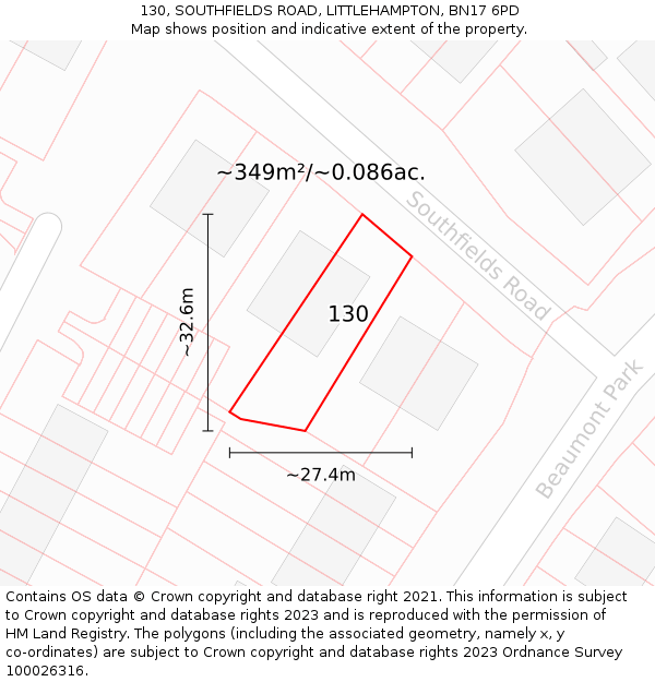 130, SOUTHFIELDS ROAD, LITTLEHAMPTON, BN17 6PD: Plot and title map