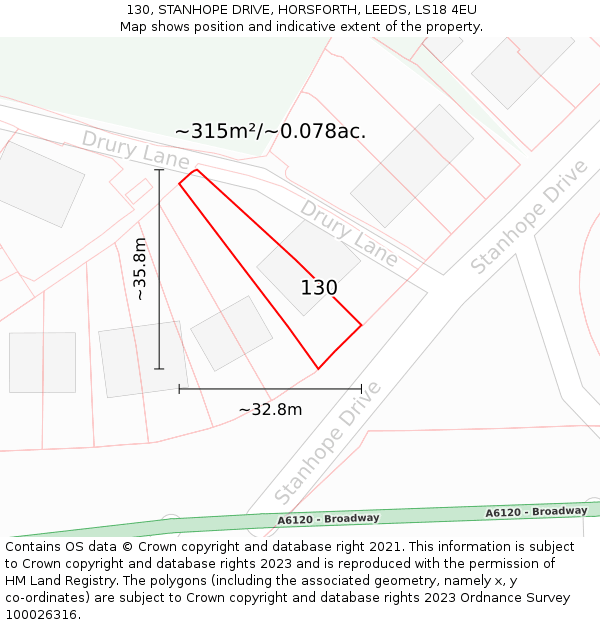 130, STANHOPE DRIVE, HORSFORTH, LEEDS, LS18 4EU: Plot and title map