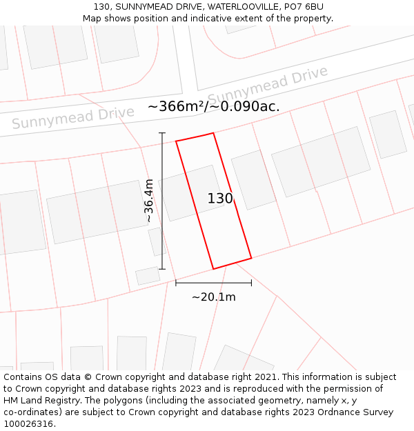 130, SUNNYMEAD DRIVE, WATERLOOVILLE, PO7 6BU: Plot and title map