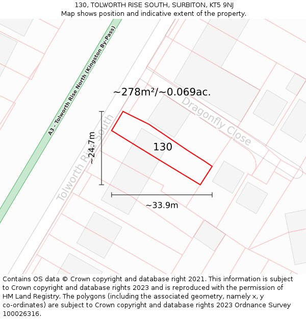 130, TOLWORTH RISE SOUTH, SURBITON, KT5 9NJ: Plot and title map