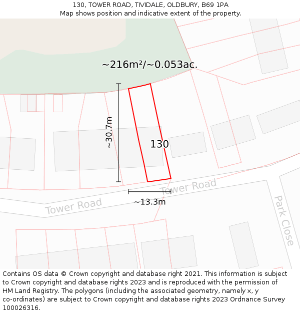 130, TOWER ROAD, TIVIDALE, OLDBURY, B69 1PA: Plot and title map