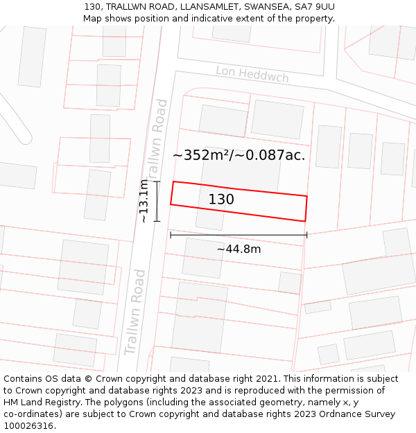 130, TRALLWN ROAD, LLANSAMLET, SWANSEA, SA7 9UU: Plot and title map