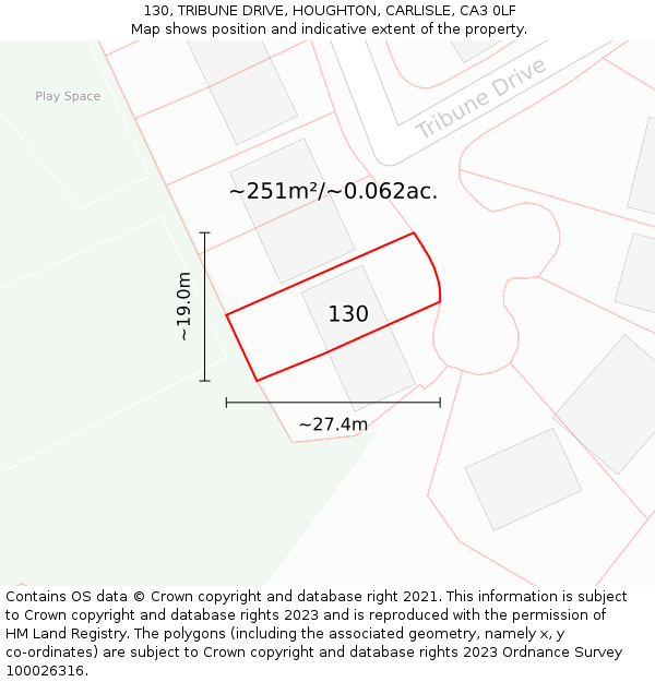 130, TRIBUNE DRIVE, HOUGHTON, CARLISLE, CA3 0LF: Plot and title map