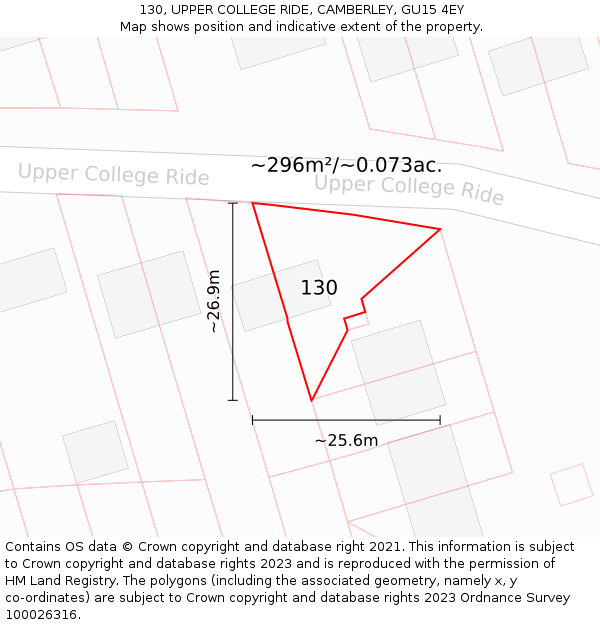130, UPPER COLLEGE RIDE, CAMBERLEY, GU15 4EY: Plot and title map