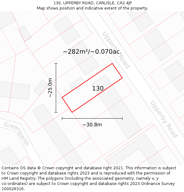 130, UPPERBY ROAD, CARLISLE, CA2 4JP: Plot and title map
