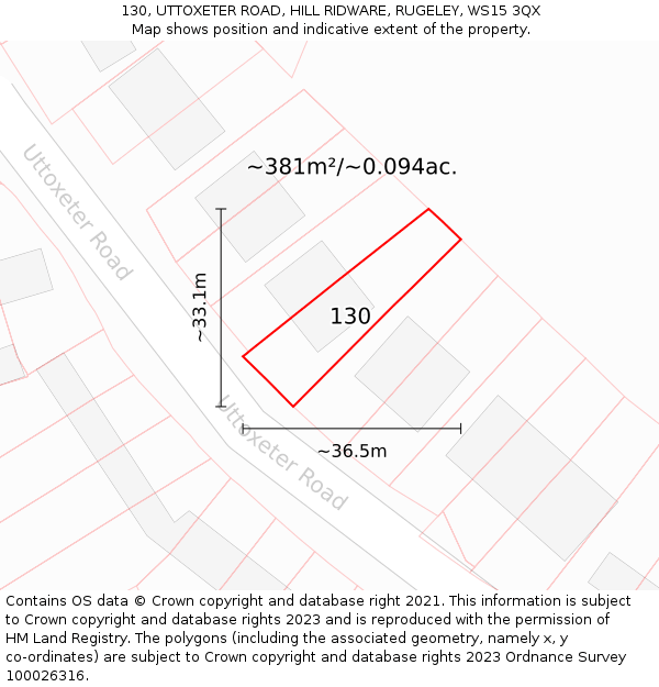 130, UTTOXETER ROAD, HILL RIDWARE, RUGELEY, WS15 3QX: Plot and title map