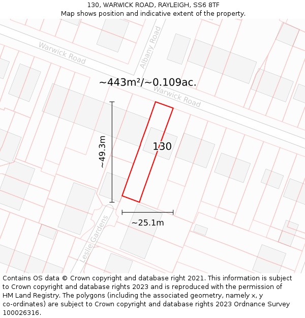130, WARWICK ROAD, RAYLEIGH, SS6 8TF: Plot and title map