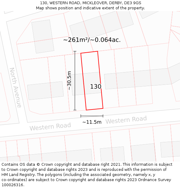130, WESTERN ROAD, MICKLEOVER, DERBY, DE3 9GS: Plot and title map