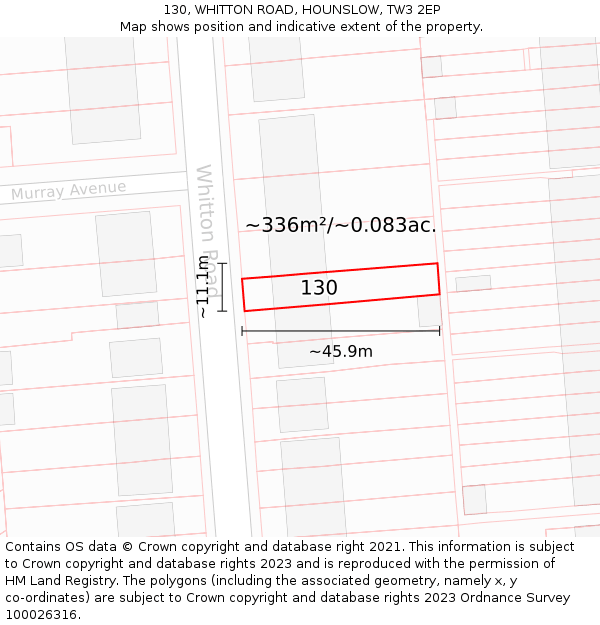 130, WHITTON ROAD, HOUNSLOW, TW3 2EP: Plot and title map