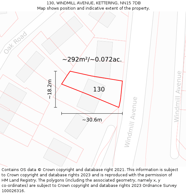 130, WINDMILL AVENUE, KETTERING, NN15 7DB: Plot and title map