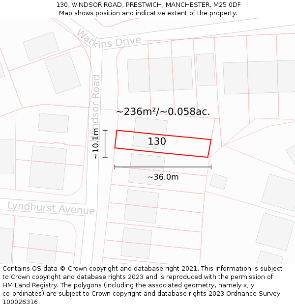 130, WINDSOR ROAD, PRESTWICH, MANCHESTER, M25 0DF: Plot and title map