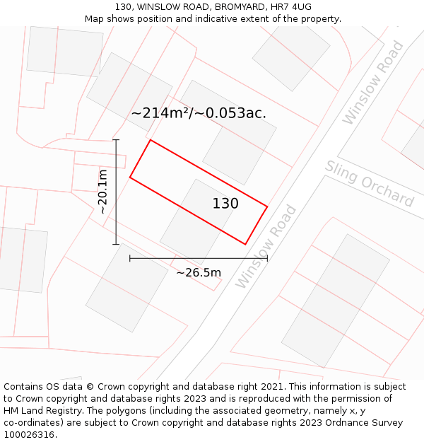 130, WINSLOW ROAD, BROMYARD, HR7 4UG: Plot and title map