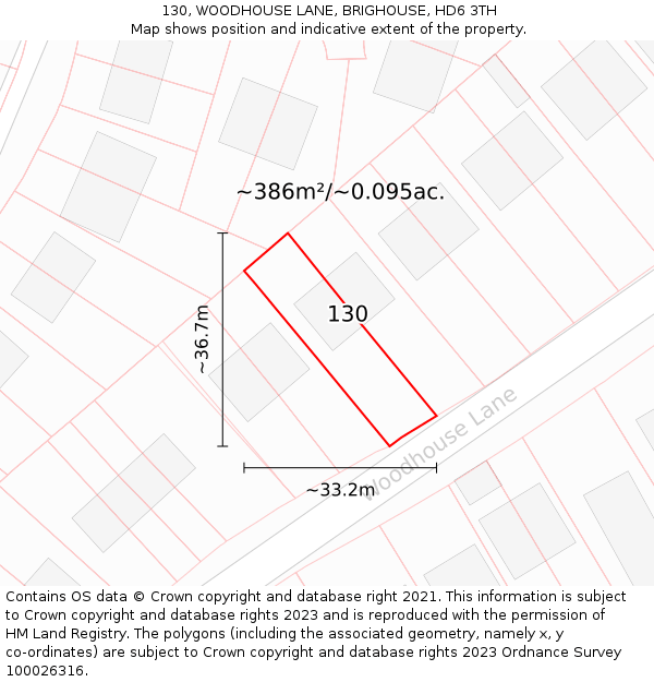 130, WOODHOUSE LANE, BRIGHOUSE, HD6 3TH: Plot and title map