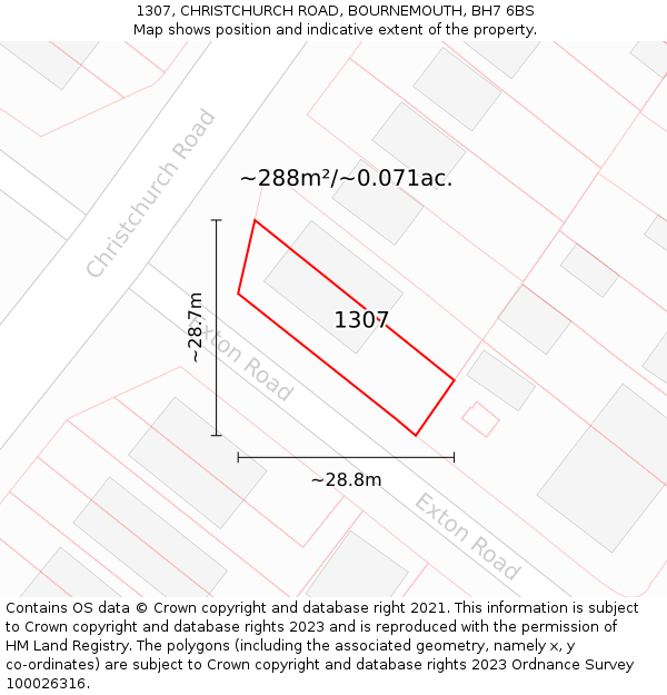 1307, CHRISTCHURCH ROAD, BOURNEMOUTH, BH7 6BS: Plot and title map