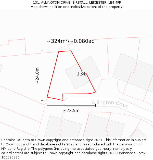 131, ALLINGTON DRIVE, BIRSTALL, LEICESTER, LE4 4FF: Plot and title map