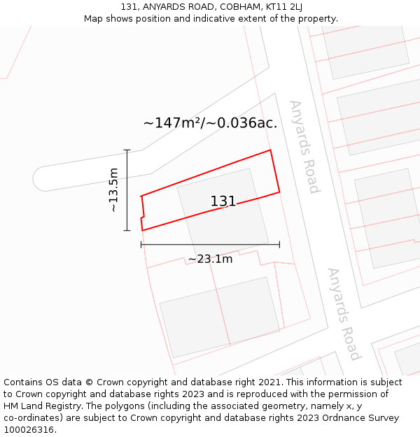 131, ANYARDS ROAD, COBHAM, KT11 2LJ: Plot and title map