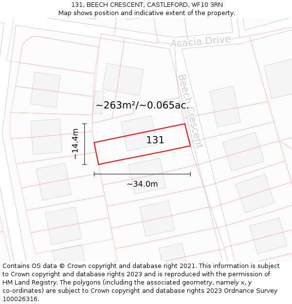 131, BEECH CRESCENT, CASTLEFORD, WF10 3RN: Plot and title map